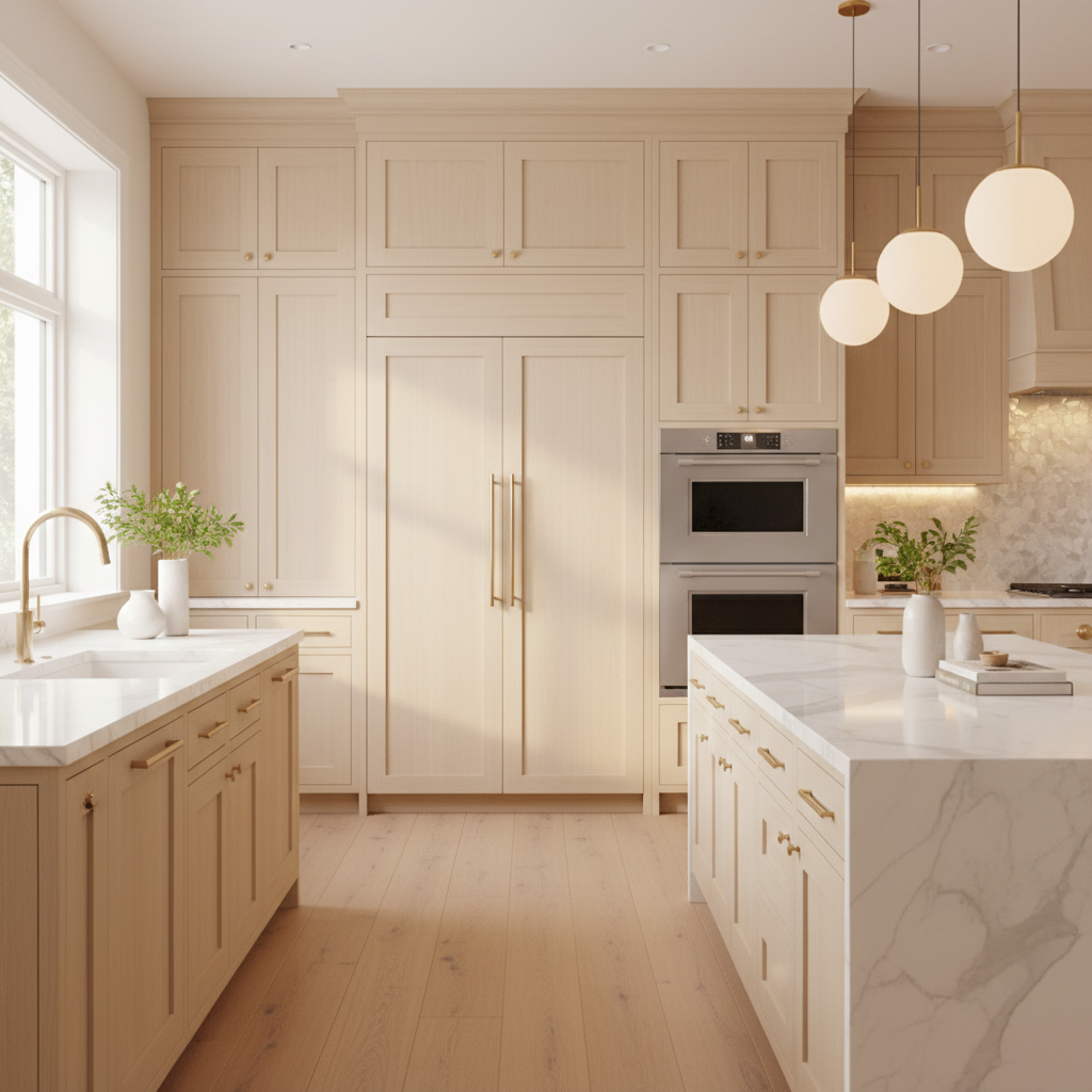 Upscale kitchen with integrated Viking-style refrigerator and wall oven